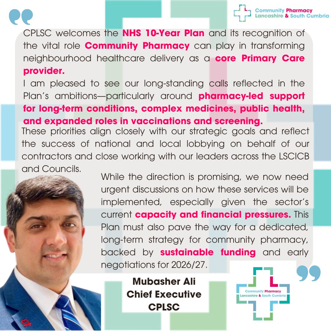 CPLSC (@compharmlsc) on Twitter photo 🚨CPLSC Chief Exec shares early view on NHS 10-Year Plan🚨
Mubasher Ali our Chief Exec shares his first take on today’s landmark NHS strategy & implications on the future of Community Pharmacy & local opportunities <a href="/LSCICB/">Lancashire and South Cumbria ICB</a> <a href="/LancashireCC/">Lancashire County Council</a> <a href="/blackburndarwen/">Blackburn with Darwen Council</a> <a href="/BpoolCouncil/">Blackpool Council</a> W&Fcouncil 🚨CPLSC Chief Exec shares early view on NHS 10-Year Plan🚨
Mubasher Ali our Chief Exec shares his first take on today’s landmark NHS strategy & implications on the future of Community Pharmacy & local opportunities <a href="/LSCICB/">Lancashire and South Cumbria ICB</a> <a href="/LancashireCC/">Lancashire County Council</a> <a href="/blackburndarwen/">Blackburn with Darwen Council</a> <a href="/BpoolCouncil/">Blackpool Council</a> W&Fcouncil