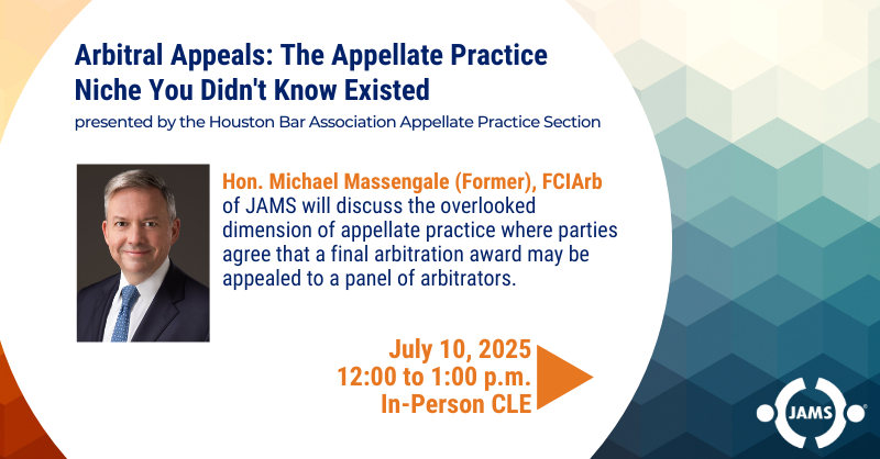 Having served on several arbitration appellate panels, I'm looking forward to sharing my perspective with the Houston Bar Association appellate practice section. July 10 at the Coronado Club...join us!

#adr #arbitration #appellatetwitter

jamsadr.com/events/2025/ar…