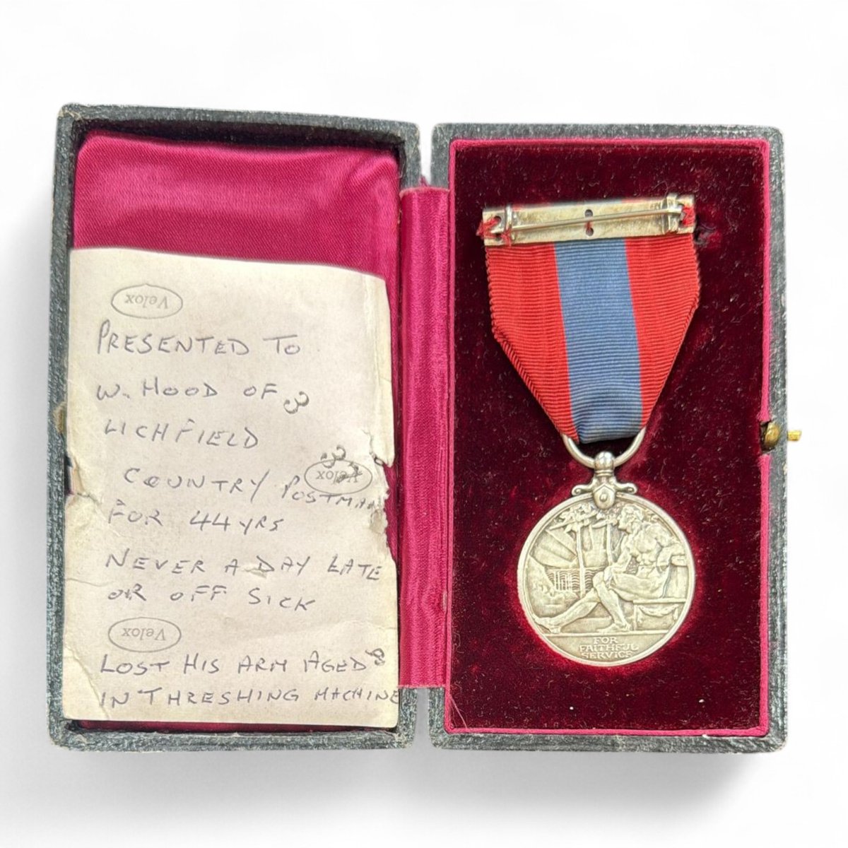 Taking a break from medals to share this incredible story…
William Hood, postman of 44 years, lost his arm in a threshing machine accident — but never missed a single day’s work. Not even once.
His Imperial Service Medal and photograph are a quiet tribute to quiet heroism.