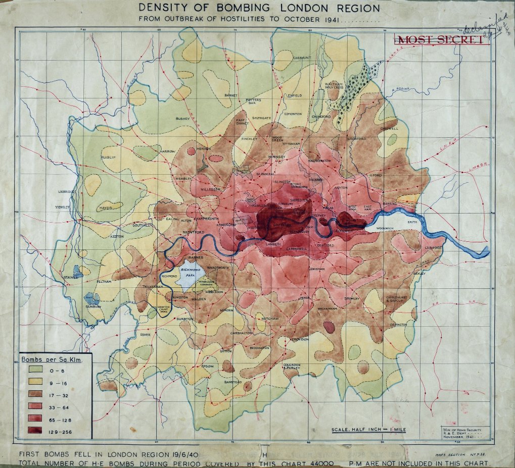 What's a chloropleth? This is. It's a map that uses shading or patterns in proportion to a statistical variable. TL:DR - it turns stats into maps. Eg, this is a map - a chloropleth - showing the density of bombing around London region, to October 1941 (HO193/45).