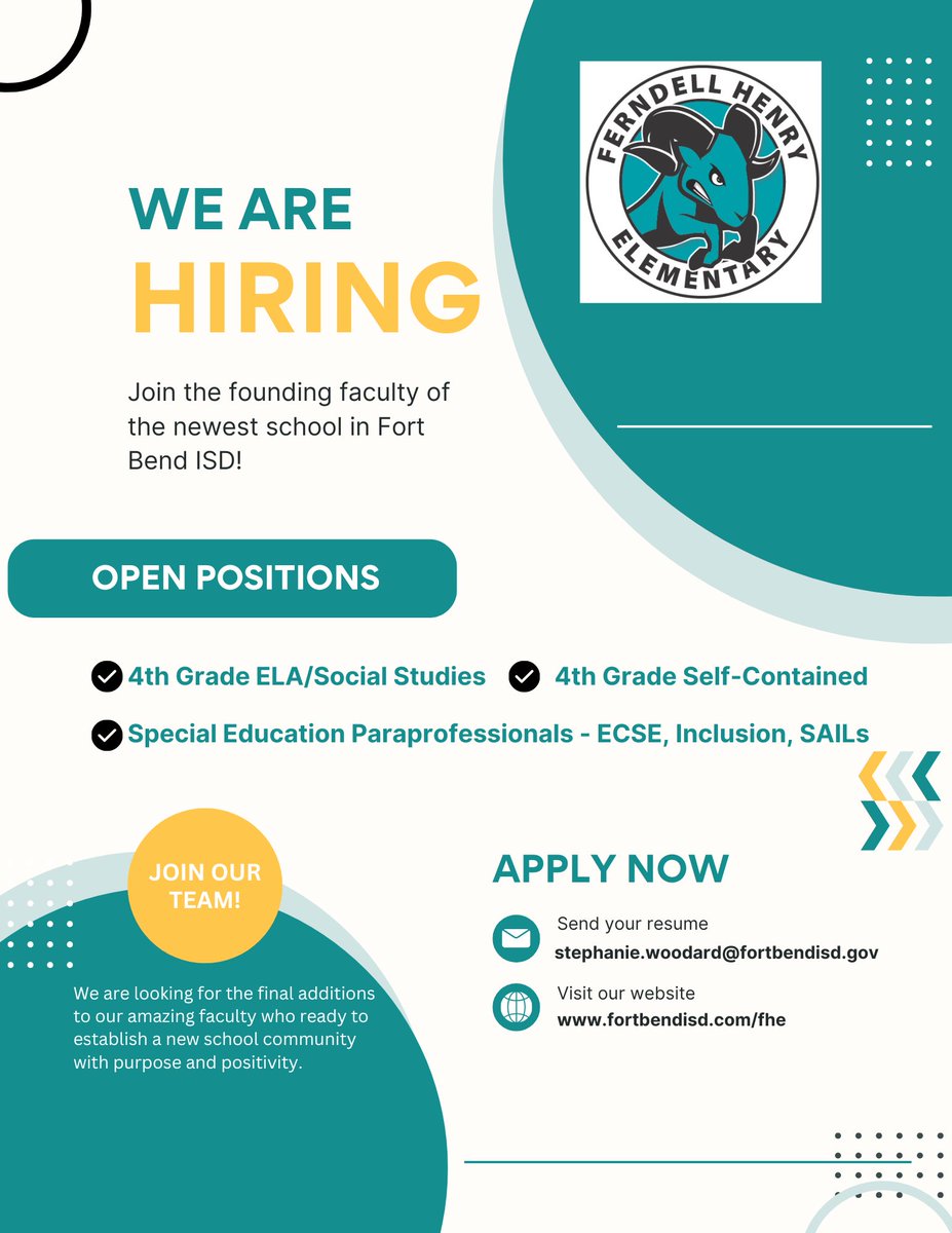Ferndell Henry Elementary School (@fhe_rams) on Twitter photo Would you like to join our team or know someone who is interested in working at the newest elementary school in <a href="/FortBendISD/">Fort Bend ISD</a>? Reach out today! Would you like to join our team or know someone who is interested in working at the newest elementary school in <a href="/FortBendISD/">Fort Bend ISD</a>? Reach out today!