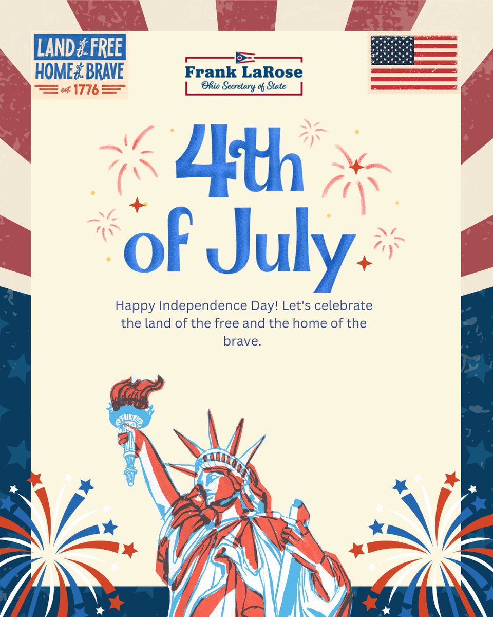 Happy Fourth of July! 🇺🇸
Today, we celebrate the founding of our nation and the freedoms that make America great.
From all of us at the Ohio Secretary of State’s Office — have a safe and meaningful Independence Day! 🎆🗽
