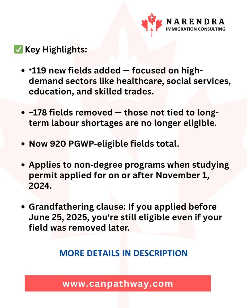 canpathway's tweet photo. 📌 Who is Affected?

- Non‑degree students (certificates, diplomas, college programs)—check your CIP code!

- Degree graduates (bachelor’s, master’s, doctoral) remain eligible regardless of field 

🔎 What You Should Do:

1. Verify your program’s CIP code against the new list.

2. If starting a program after Nov 1, 2024, ensure it's in the 920 eligible fields.

3. Already applied before June 25, 2025? You’re protected—no need to worry.

Need clarity? We’re here to guide you every step of the way.

🇨🇦 Ready to secure your PGWP and future Canadian career?
🔗 Book a consultation today—let’s ensure your program fits the new criteria or explore alternatives.
📩 DM us or click the link in our bio to get started!

#PGWP #CanadaImmigration #InternationalStudents #StudyInCanada #PostGradWorkPermit #ICCRC #RCIC #ImmigrationExpert #VisaSupport #CareerInCanada
