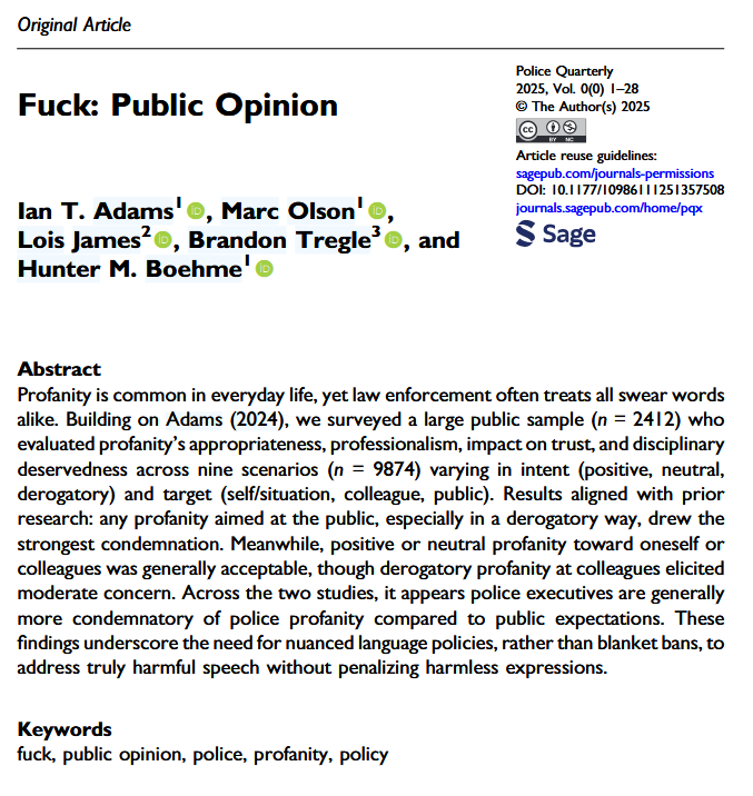 End of the week, do you have any fucks left to give? I hope so, if nothing else to join my team in celebrating a new pub! 

Fuck: Public Opinion is an extension of last year's Fuck: The Police.  Top-line - the public seems to be a bit more chill than police executives when it