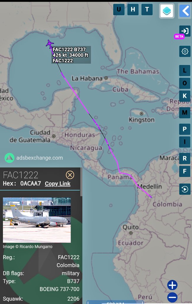 sipjack1776's tweet photo. Colombia 🇨🇴 
737-732
#0ACAA7
FAC1222/FAC1222 
Out of Bogota tracking N towards Alexandria. Based on past patterns, this is a probable deportation flight.
@Borrowed7Time @SA_Defensa https://t.co/TAOR3dFIrv
