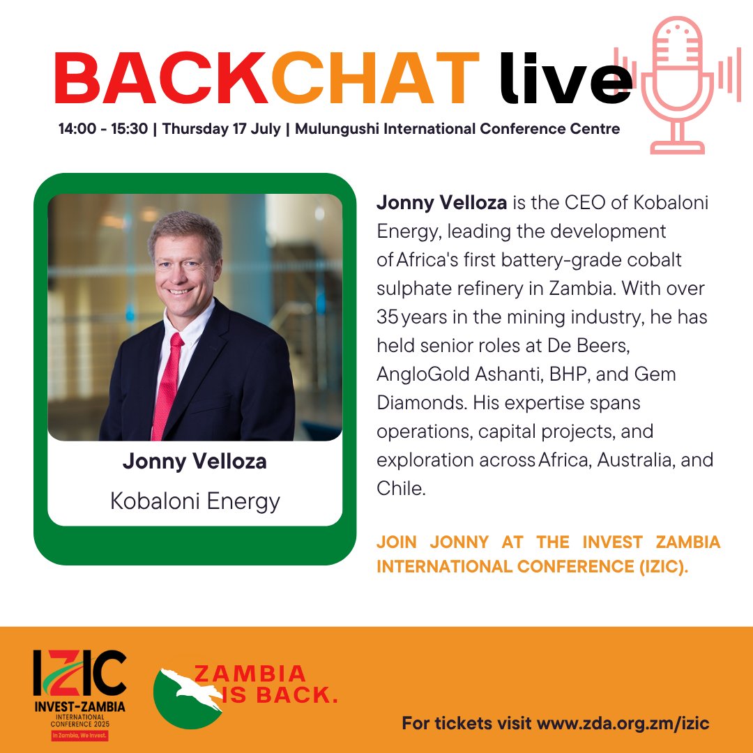 ZambiaIsBack's tweet image. Don't miss Jonny Velloza of Kobaloni Energy at the Invest Zambia International Conference this month!
Along with fellow panellists at our BackChat LIVE event, Jonny will be exploring how Zambian mining can power the green energy revolution.
Tickets are still available at…