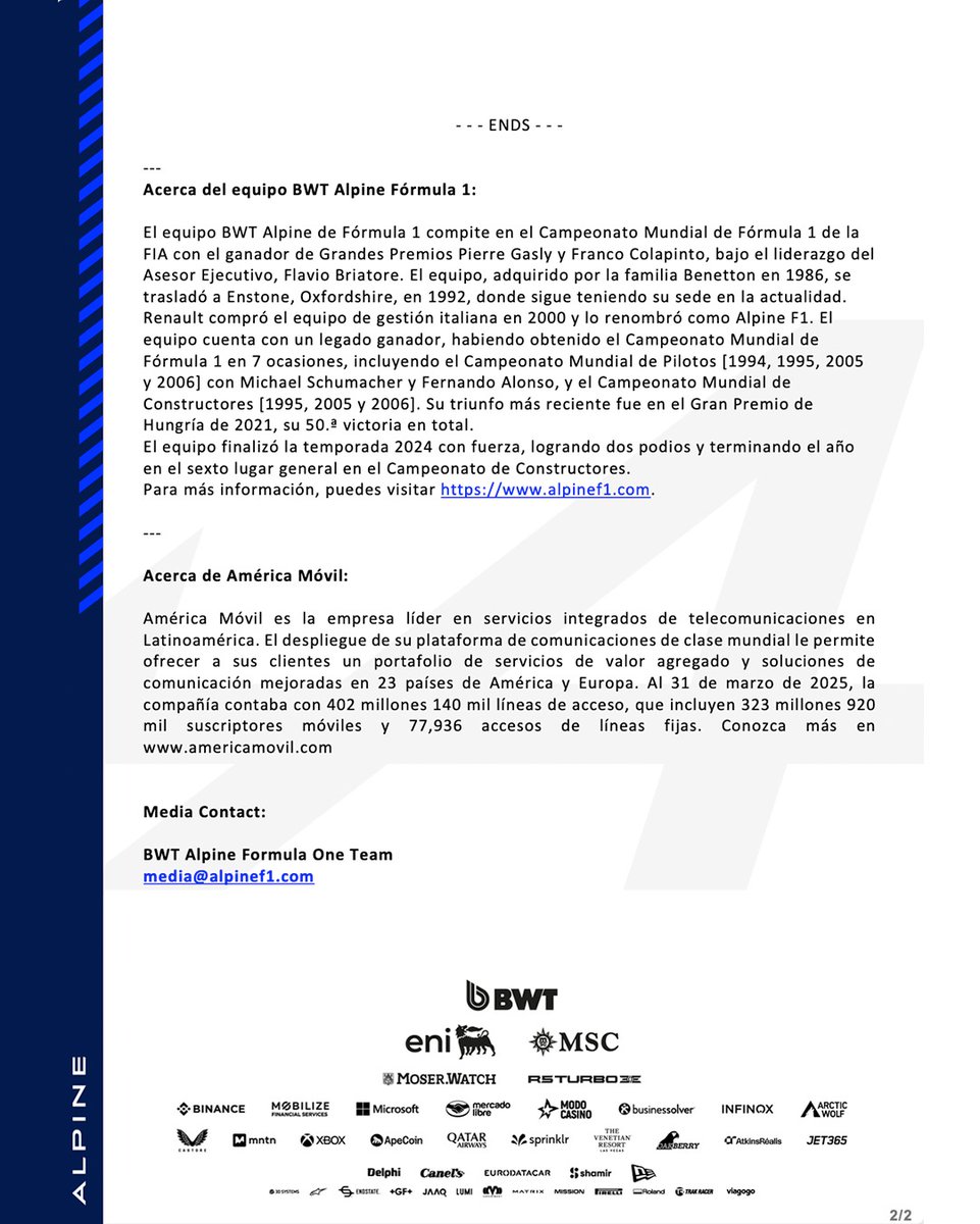 Claro Sports (@clarosports) on Twitter photo ❗️COMUNICADO OFICIAL 
<a href="/AlpineF1Team/">BWT Alpine Formula One Team</a> y Claro anuncian alianza regional, durante la temporada 2025 ❗️COMUNICADO OFICIAL 
<a href="/AlpineF1Team/">BWT Alpine Formula One Team</a> y Claro anuncian alianza regional, durante la temporada 2025