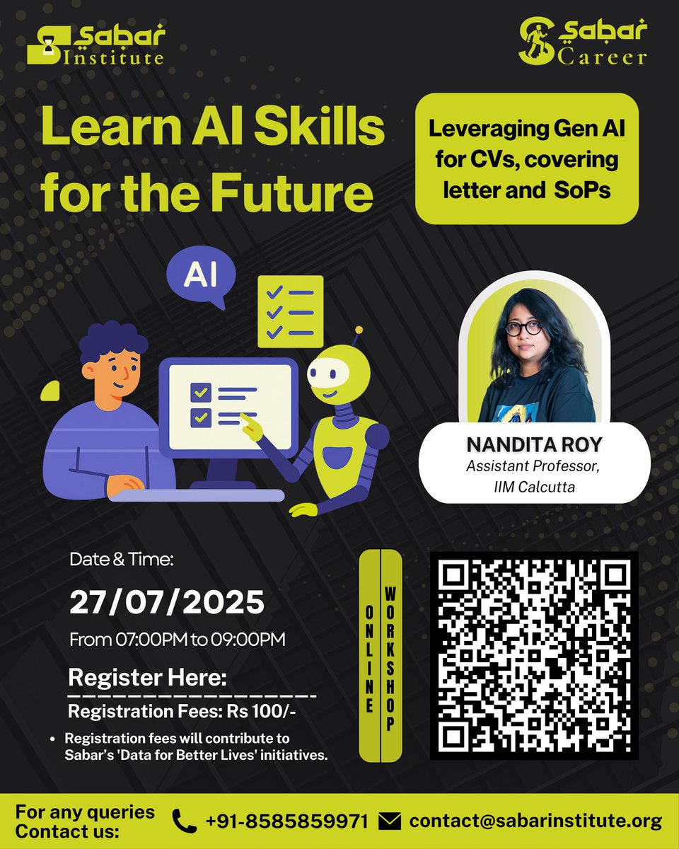 Know Your Neighbour (@kynbengal) on Twitter photo Master Gen AI for CVs, Cover Letters & SOPs with IIM Calcutta Prof. Nandita Roy!
๐ 27 July 2025 | โฐ 7โ9 PM
Register now & boost your career with GenAI!
Reg link - forms.gle/m3B4RQHzCwF3Caโฆ
Queries? DM or email: contact@sabarinstitute.org Master Gen AI for CVs, Cover Letters & SOPs with IIM Calcutta Prof. Nandita Roy!
๐ 27 July 2025 | โฐ 7โ9 PM
Register now & boost your career with GenAI!
Reg link - forms.gle/m3B4RQHzCwF3Caโฆ
Queries? DM or email: contact@sabarinstitute.org