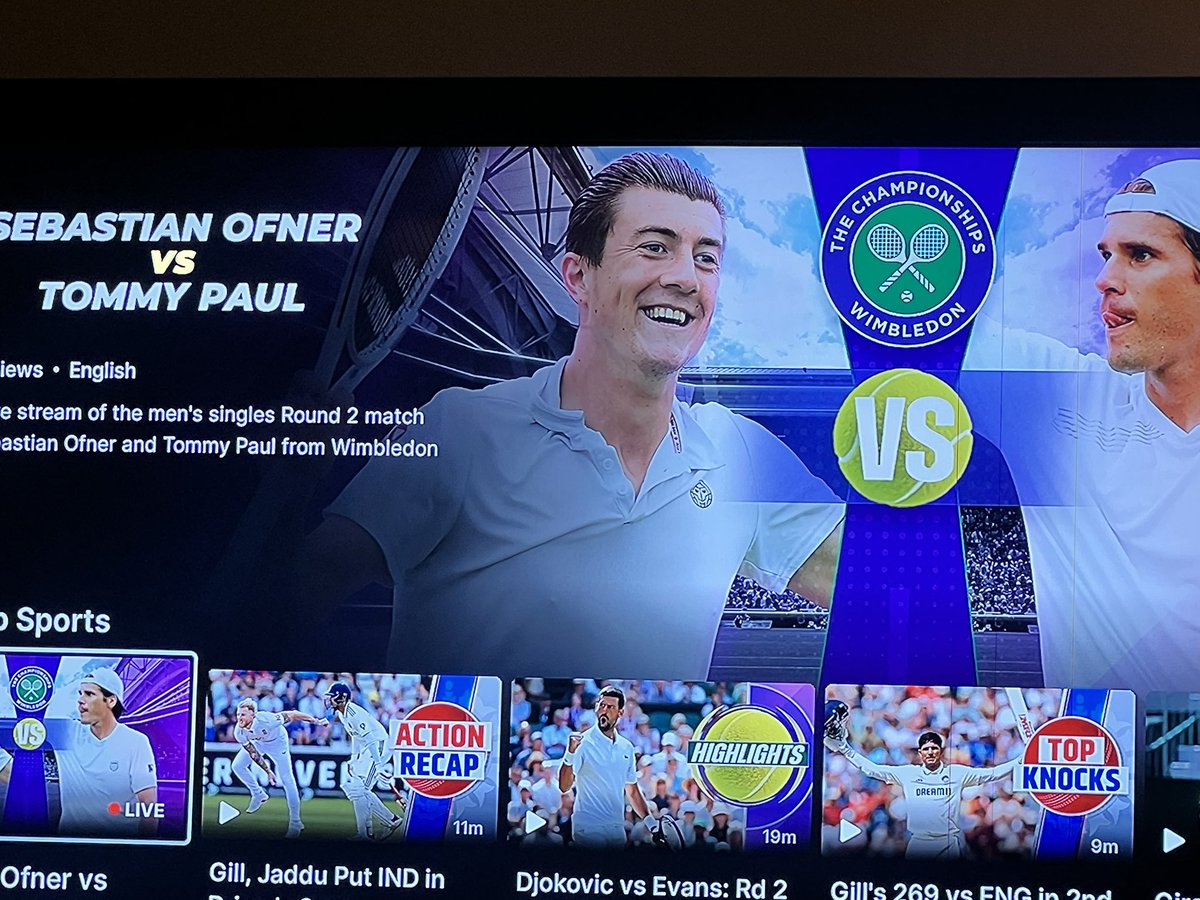 aish_trv's tweet photo. While @JioHotstar is hell bent on not streaming Center court matches, they also have Tommy Paul confused with Tommy Hasse 😅 #Wimbledon #JioHotstar https://t.co/xi7WABgPHB