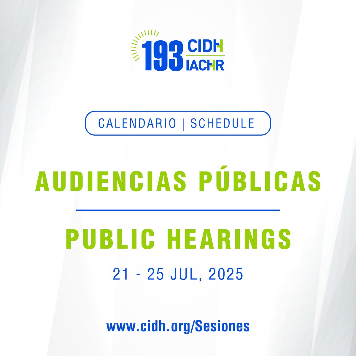 CIDH's tweet image. 📢#CIDH anuncia calendario de audiencias públicas del #193PeríodoCIDH, que se celebrarán de forma virtual del 21 al 25 de julio.  
🔍Se abordarán temas sobre la situación de personas defensoras, trans, migrantes y refugiadas, así como el crimen organizado, inseguridad y las…