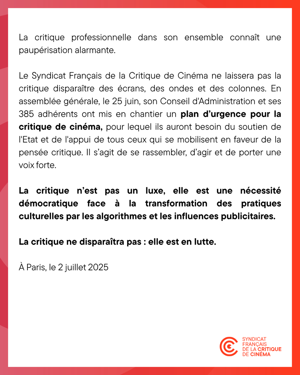 LA CRITIQUE EN LUTTE
L’émission Le Cercle Cinéma de Canal+, menacée de disparition en mai, devrait finalement être maintenue à la rentrée. 
La mobilisation du Syndicat Français de la Critique de Cinéma et des films de télévision, 🧶