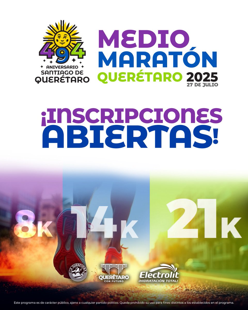 ¡Inscripciones abiertas para el #MedioMaratónQuerétaro2025! 🚨

Es momento de prepararte, retarte y vivir una de las carreras más emocionantes del año.

🔗 Inscríbete en: eventosdeportivos.com.mx/medioqueretaro…

¡Nos vemos en la meta! 🏃🏼‍♀️🏃🏽‍♂️