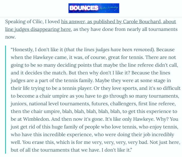 Ben Rothenberg (@benrothenberg) on Twitter photo As I wrote last night, Marin Cilic had one of the best answers I've read on line judges leaving #Wimbledon (h/t <a href="/carole_bouchard/">Carole Bouchard 💜💛</a>)
Maybe with some good karma, he's now up 6-4 over Draper. As I wrote last night, Marin Cilic had one of the best answers I've read on line judges leaving #Wimbledon (h/t <a href="/carole_bouchard/">Carole Bouchard 💜💛</a>)
Maybe with some good karma, he's now up 6-4 over Draper.