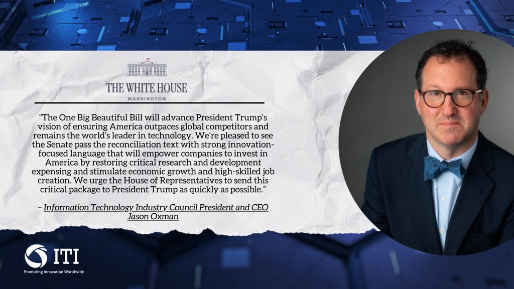 Jason Oxman (@joxman) on Twitter photo #TaxPolicy is crucial to encouraging future #innovation investment. <a href="/POTUS/">President Donald J. Trump</a>' #OneBigBeautifulBill will ensure that companies have incentive to invest in America to manufacture for the world. Read more from <a href="/WhiteHouse/">The White House</a>: whitehouse.gov/articles/2025/… #TaxPolicy is crucial to encouraging future #innovation investment. <a href="/POTUS/">President Donald J. Trump</a>' #OneBigBeautifulBill will ensure that companies have incentive to invest in America to manufacture for the world. Read more from <a href="/WhiteHouse/">The White House</a>: whitehouse.gov/articles/2025/…