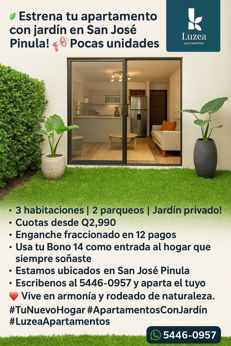agodoy6901's tweet photo. 🌿 ¡Estrena tu apartamento con jardín en San José Pinula! 🚨 ¡Pocas unidades!
🏡 3 habitaciones | 2 parqueos | ¡Jardín privado!
💸 Cuotas desde Q2,990
✨ Usa tu Bono 14 como entrada al hogar que siempre soñaste
📍 Estamos  en San José Pinula
📲 Escríbenos al 5446-0957 https://t.co/p9AUvDMdTK