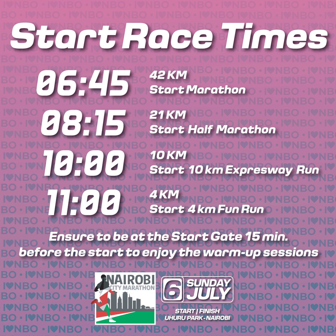 NBOcitymarathon's tweet photo. Are you ready for Nairobi City Marathon? Please find the race starting times below. We kindly request that everyone avails themselves 15 minutes before their respective race category kicks off at the start gate.
#NairobiCityMarathon2025 #ILoveNBO https://t.co/FFxRSc0yof