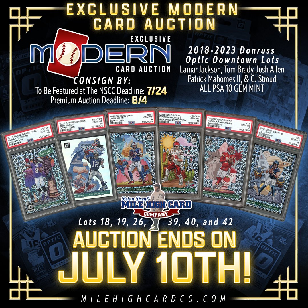 milehighcard's tweet image. Featured here are 6 lots of 2018-2023 Panini Donruss Optic Downtown cards, each graded PSA 10 GEM MINT! These dazzling, high-grade Downtowns are absolute showstoppers! ββ¨
π¨ BID NOW! π¨
Click the "Modern Card" banner on: milehighcardco.com & search by lot #! π
#MHCC