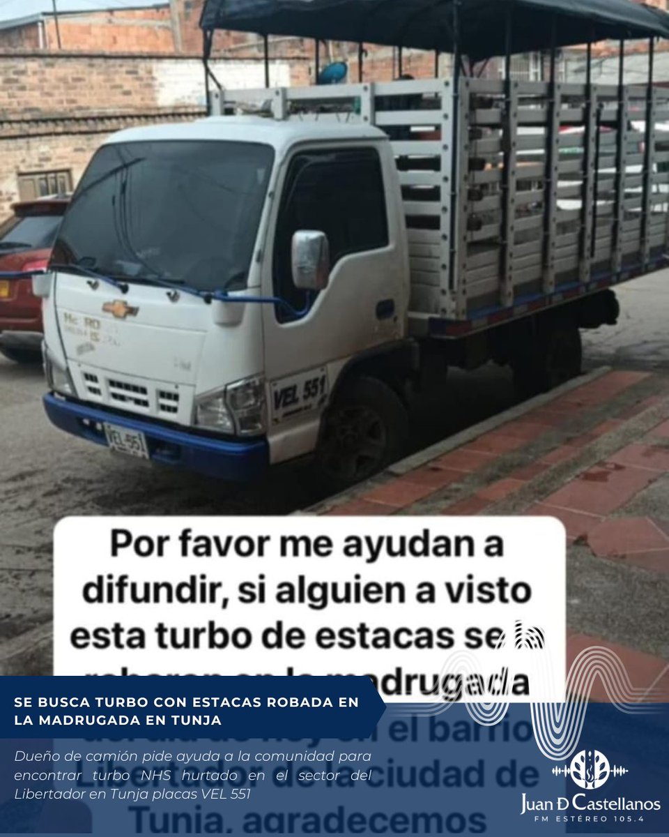 #Atención 📢

Se pide colaboración de la comunidad para encontrar turbo robada esta madrugada en el sector Libertador de Tunja, placas VEL 551

#Emisora #Radio #Tunja #Boyacá #Noticias