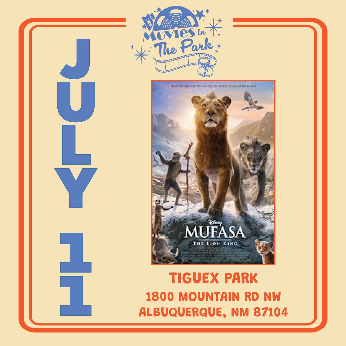 "Be prepared" for a roaring good time; Mufasa hits the screen at Tiguex Park on July 11!

Free movie starts at sundown (~8 P.M.), gates open at 6.

Full lineup: bernco.gov/community-serv…

Hosted by #BernCo + @cabqparks.

#MoviesInThePark #MITP