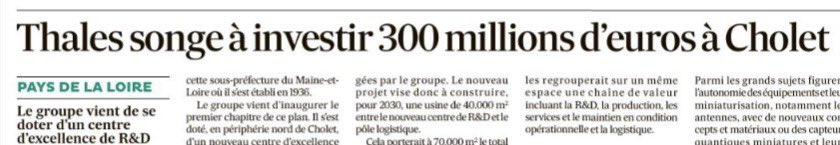 FanchonNorbert's tweet image. En 5 ans, @thalesgroup a créé 1.000 #emplois à @choletagglo . Le groupe va investir 300 millions € d’ici 2030 pour construire une usine de 40.000 m² &amp;amp; un nouveau au centre de R&amp;amp;D.❤️
Une belle réussite pour @GBOURDOULEIX qui démontre que la ré industrialisation est possible 👌🏼