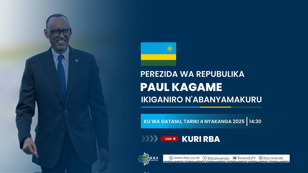 Kuri uyu wa Gatanu tariki ya 4 Nyakanga saa munani n'igice z'igicamunsi (14h30), Perezida wa Repubulika Paul Kagame azagirana ikiganiro n'abanyamakuru.

Kizatambuka ku bitangazamakuru bya RBA no ku mbuga nkoranyambaga zayo.

#RBAHafiYawe