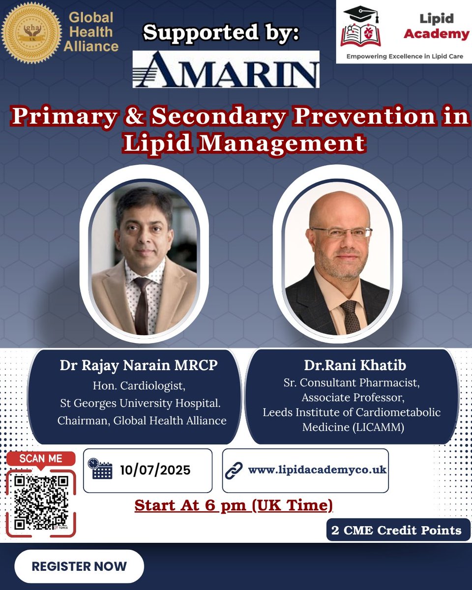 GhaHealth's tweet image. ๐จ Webinar Alert!
Join us on 10 July, 6 pm UK for an expert-led session on Primary & Secondary Prevention in Lipid Management.
๐ 2 CME Credits
๐จโโ๏ธ Dr. Rajay Narain
๐ฉโโ๏ธ Dr. Rani Khatib
๐ Register: lipidacademy.co.uk/live-events
#LipidManagement #HeartHealth #CMEWebinar #LipidAcademy