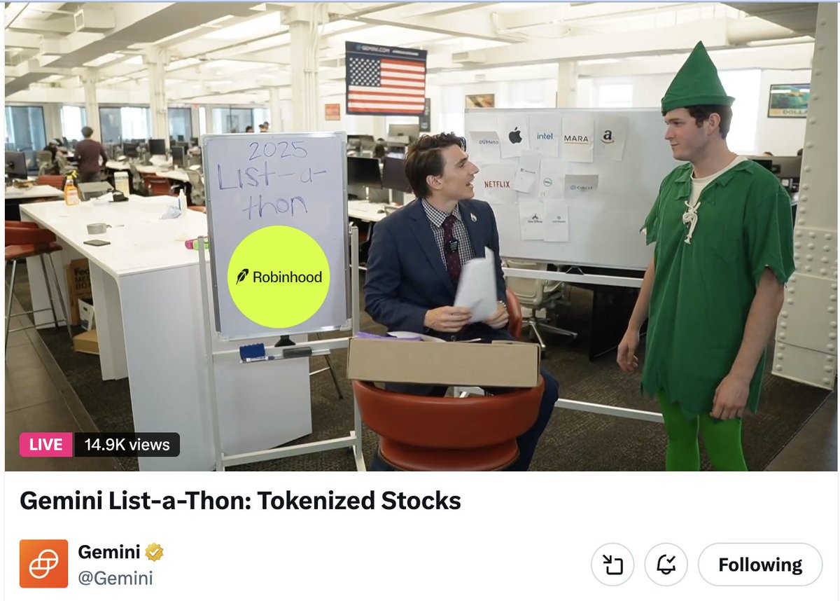 Massive thanks to Robinhood for stopping by the <a href="/Gemini/">Gemini</a> office this morning. No doubt he had jetlag having just returned from France. 

We may not have had the same budget for our tokenized stonks List-a-Thon as <a href="/robinhood/">Robin Hood</a> did in Cannes, but equally as effective.