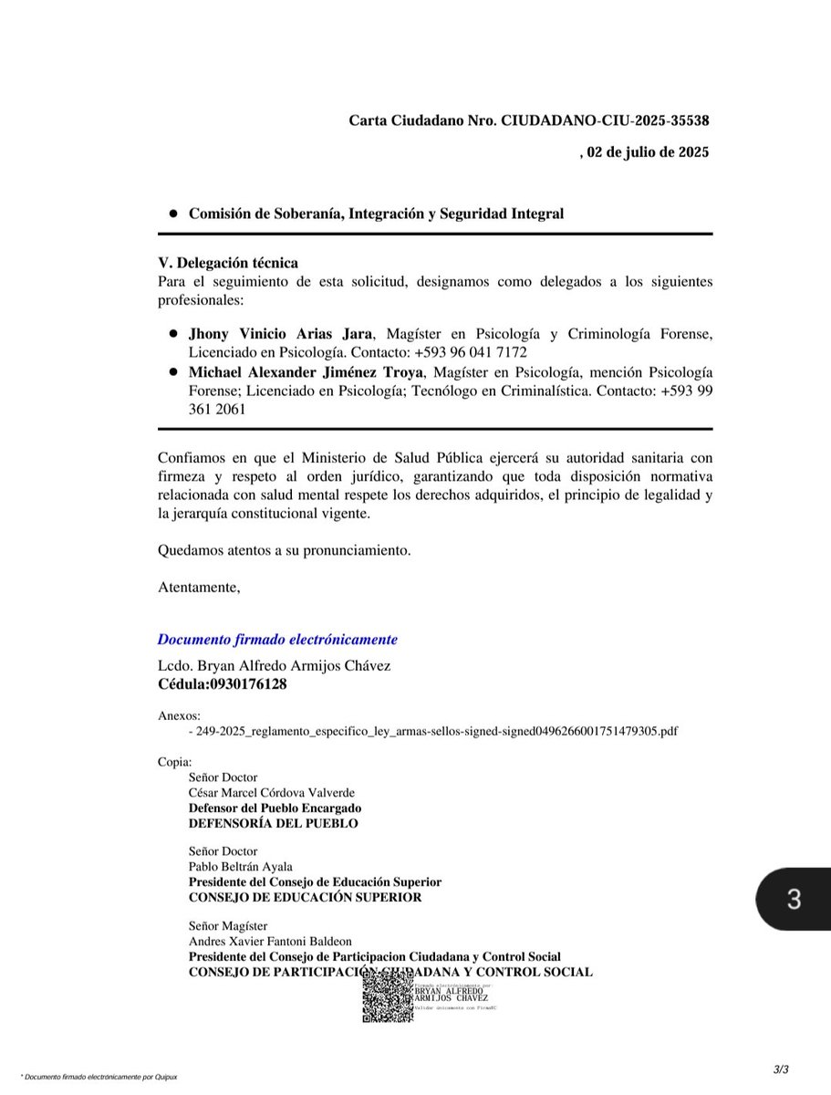 Hemos remitido al <a href="/Salud_Ec/">Ministerio de Salud Pública 🇪🇨</a> una solicitud formal para que intervenga frente al art. 49 del reglamento del <a href="/DefensaEc/">Ministerio de Defensa Nacional del Ecuador</a>, que excluye injustamente del ejercicio forense a psicólogos con maestría en psicología forense, por no tener el título de 3er nivel en "Clínica”.
#NoMásExclusión