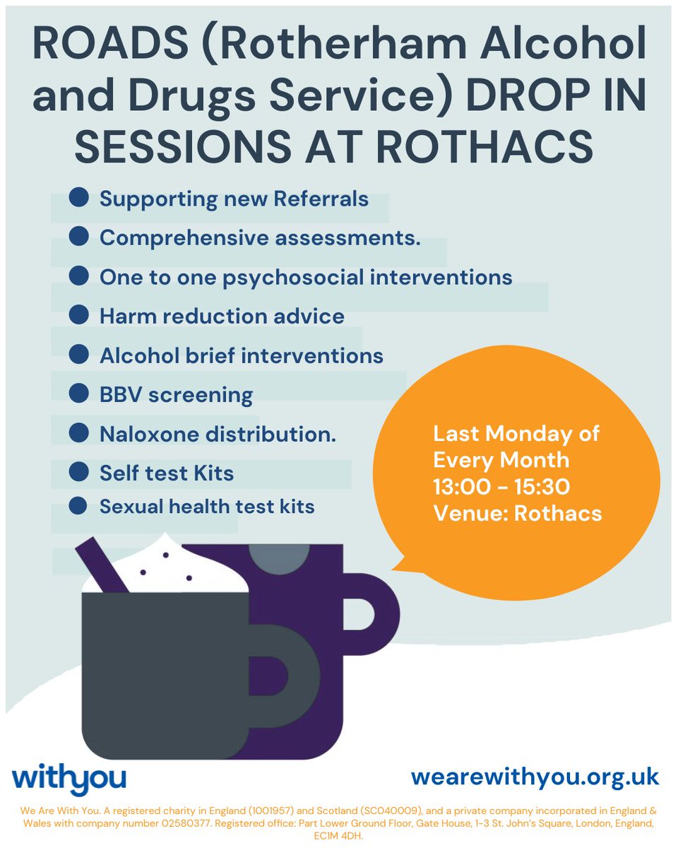Rothacs38's tweet image. ROADS (Rotherham Alcohol and Drugs Service) is holding free drop-in sessions at Rothacs for both our ISVA and counselling clients. Each session is on the last Monday of every month. The next session is 28th July at 1pm, we hope to see you there!