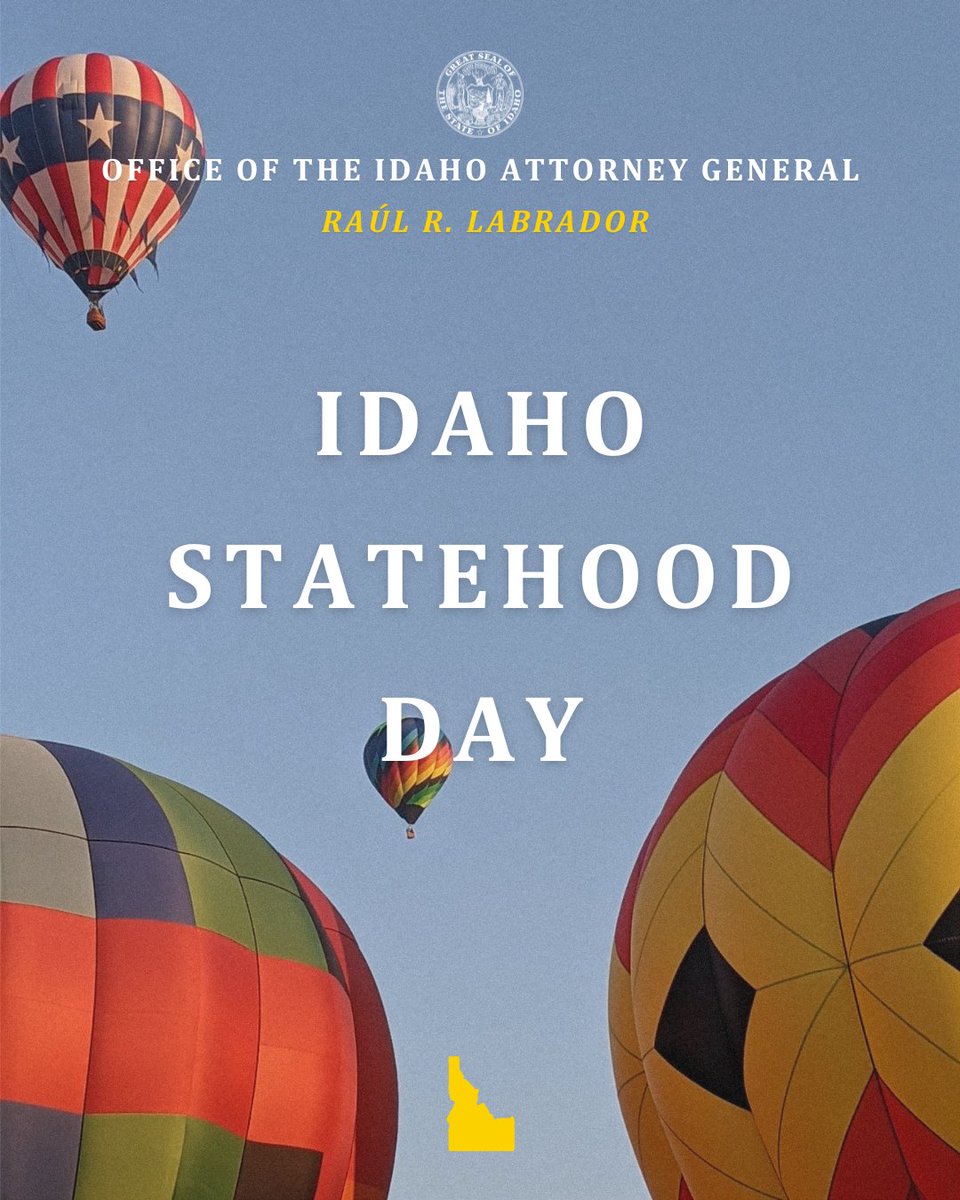 Raul_Labrador's tweet image. Today marks 135 years since Idaho became the 43rd state. As your Attorney General, I'm honored to defend the sovereignty and constitutional rights that have made Idaho a beacon of liberty in the West.