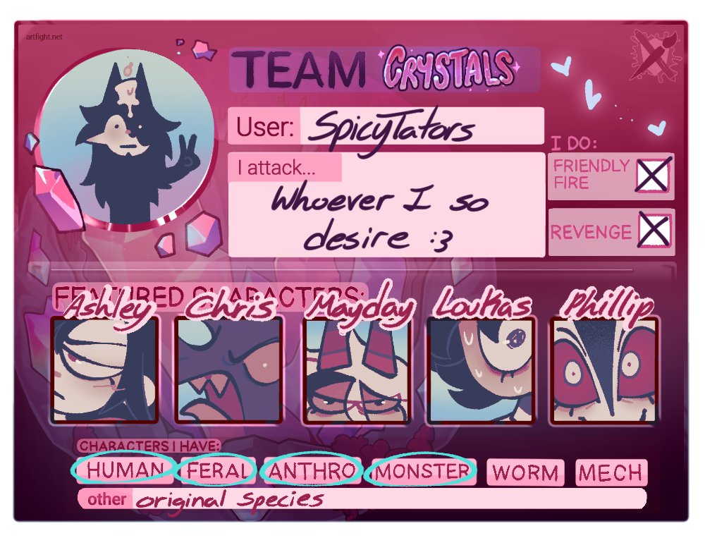 completely forgot to post this here but I'm on artfight :3
artfight.net/~SpicyTators 🖌️🎨
#artfight #Artfightteamcrystals #artfight2025