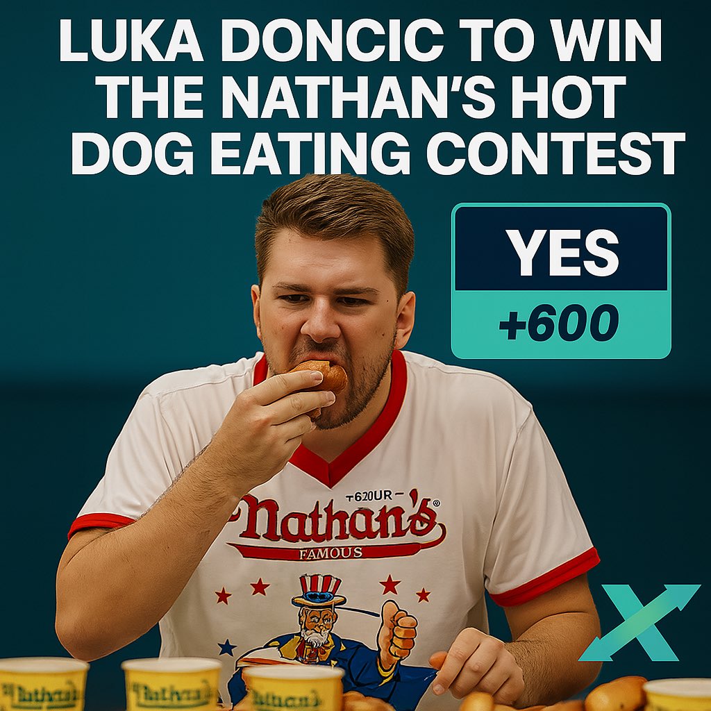 Joey Chesnut is a HUGE favorite to win tomorrow’s Nathan’s Hot Dog Eating Contest at -1600 (94%) 

However, a dark horse is climbing the board and has become the second most likely contestant to win 👀