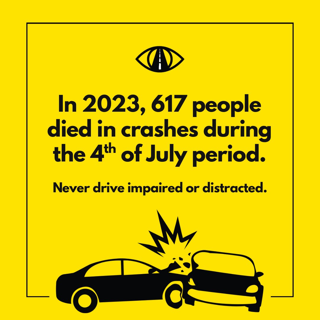 The Fourth of July period is a busy and dangerous time on the road. Drive safe, sober and distraction-free this holiday weekend. #EyesUpPhonesDown #100DeadliestDays