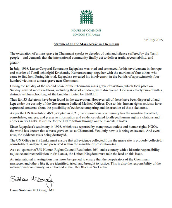 Siobhain_Mc's tweet image. My statement regarding the discovery of a mass grave in Chemmani.
The perpetrators of the Chemmani massacre must be identified, tried, and brought to justice.