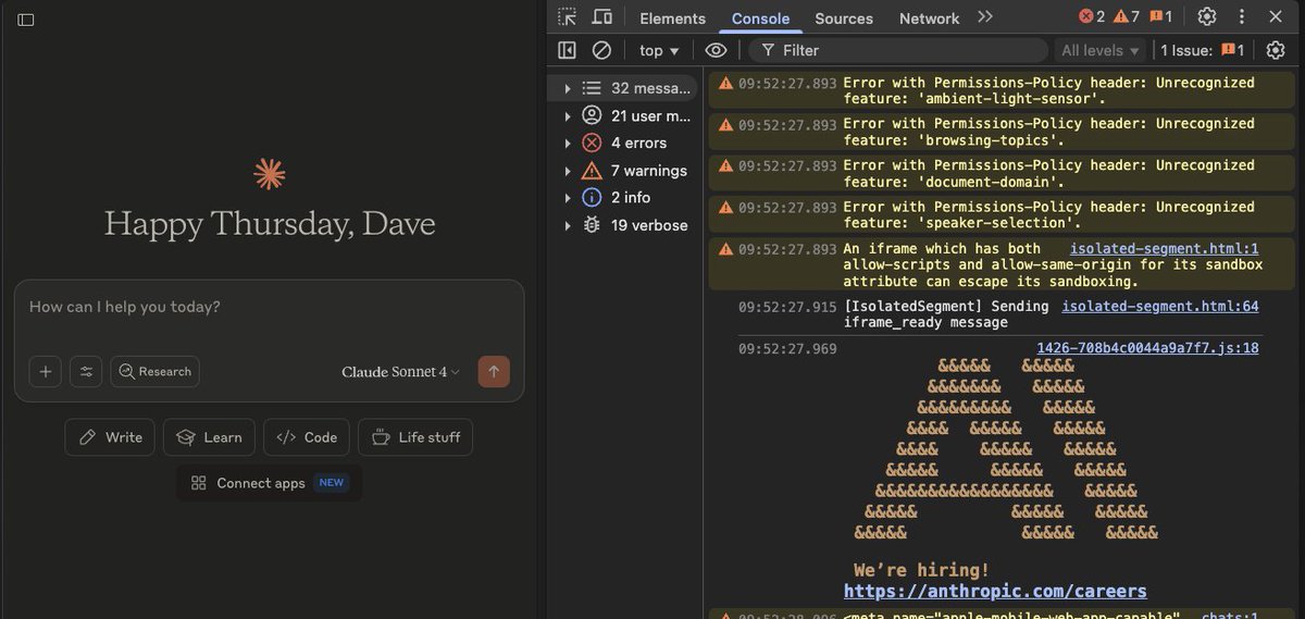 Ran into a clever way to find potential engineering talent.

I opened the developer tools (by mistake) and the big symbol and color caught my eye right away. 

Well played <a href="/AnthropicAI/">Anthropic</a>