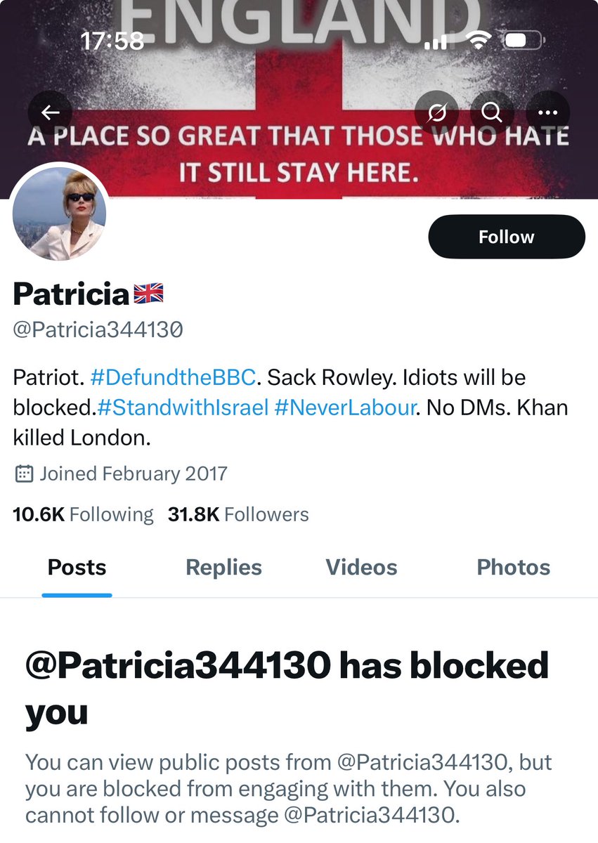 MikePercy1's tweet image. Looking at her account, there are so many reasons why I regard being blocked by Patricia as a badge of honour. 🥇