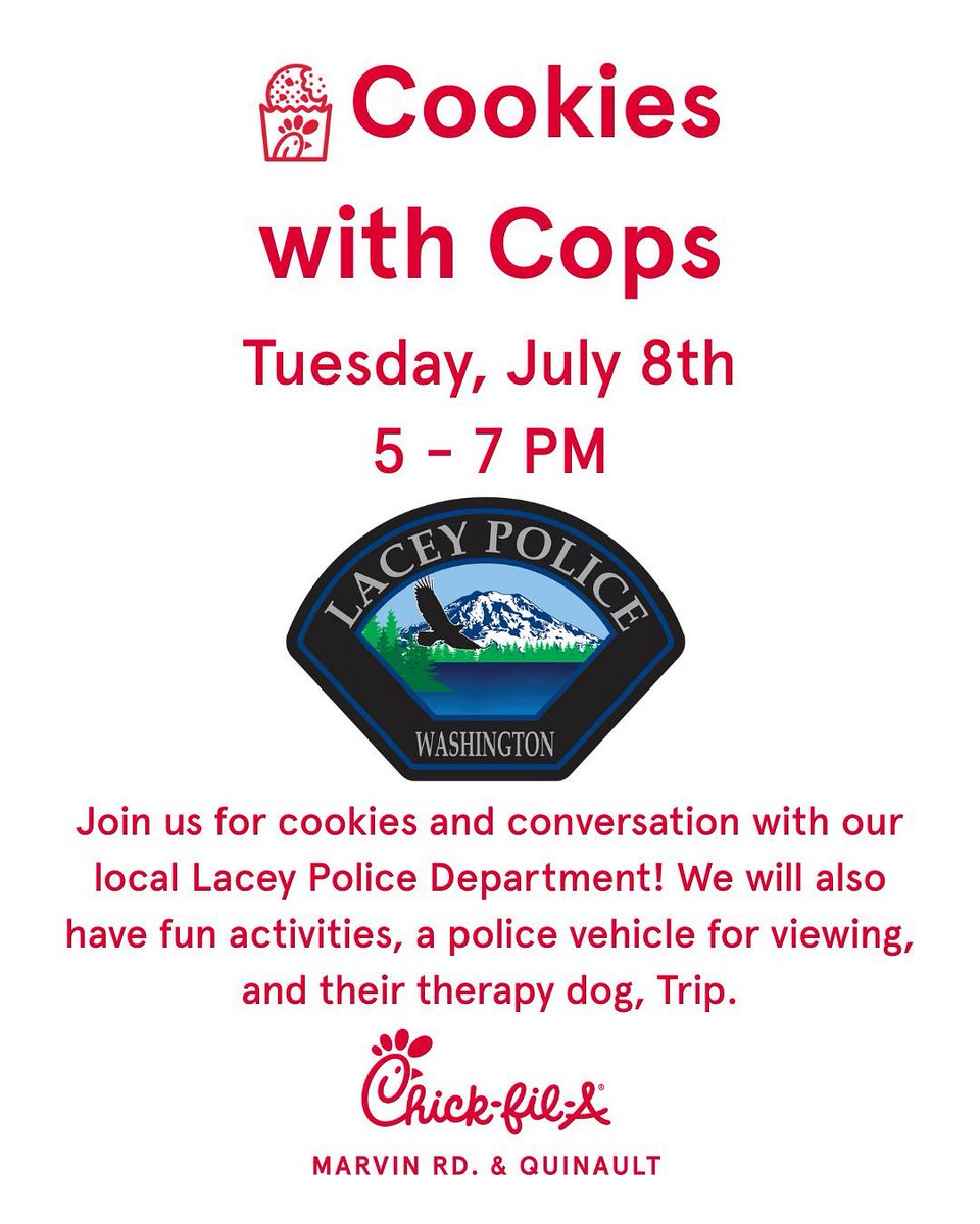 If you miss us tonight at the 3rd of July event, come see us Tuesday, 7-8 from 5-7PM for Cookies with Cops at Chick-Fil-A! 🍪🚓 Bring the kids for some fun activities, say hi and pet Trip! 🐶😎 #CookiesWithCops #LaceyPD