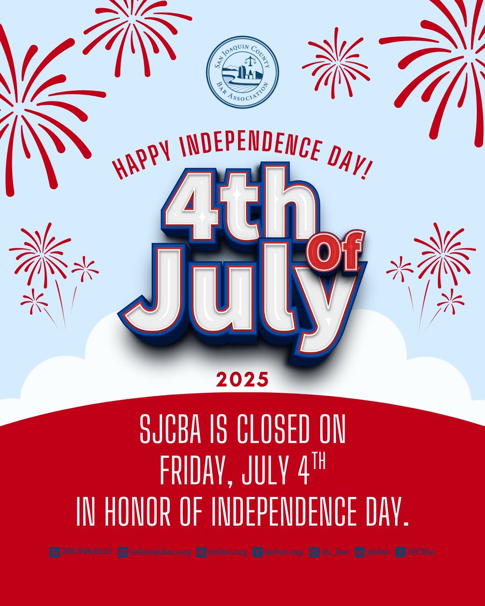 Our office will be closed on Friday, July 4, 2025, in observance of Independence Day. We hope you have a safe and memorable holiday celebrating with family and friends!

#SJCBA #SJCBAR #OfficeClosure #July4 #fourthofjuly #IndependenceDay
