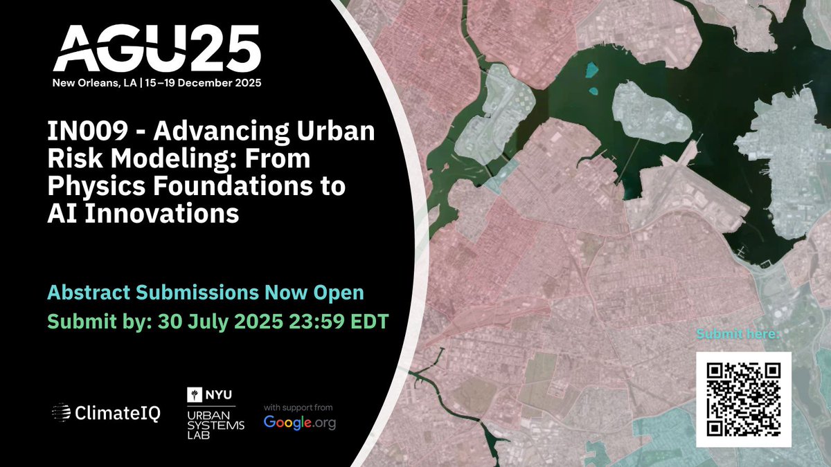Urban Systems Lab (@usl_nyc) on Twitter photo <a href="/USL_NYC/">Urban Systems Lab</a> will be <a href="/theAGU/">AGU (American Geophysical Union)</a> Annual Meeting #AGU25 in New Orleans from Dec 15–19, 2025! ▶️ Submit your abstract by July 30 for our session: IN009 – Advancing Urban Risk Modeling: From Physics Foundations to AI Innovations
🔗 Link: buff.ly/x4qxS4b <a href="/USL_NYC/">Urban Systems Lab</a> will be <a href="/theAGU/">AGU (American Geophysical Union)</a> Annual Meeting #AGU25 in New Orleans from Dec 15–19, 2025! ▶️ Submit your abstract by July 30 for our session: IN009 – Advancing Urban Risk Modeling: From Physics Foundations to AI Innovations
🔗 Link: buff.ly/x4qxS4b