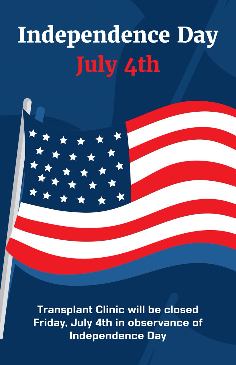 UnivTransplant's tweet image. Transplant Clinic will be closed Friday, July 4th in observance of Independence Day. Although our clinic is closed for the holiday, we have team members on call 24/7. If you are in need of medical assistance, please contact NurseLink at 210-358-3000.