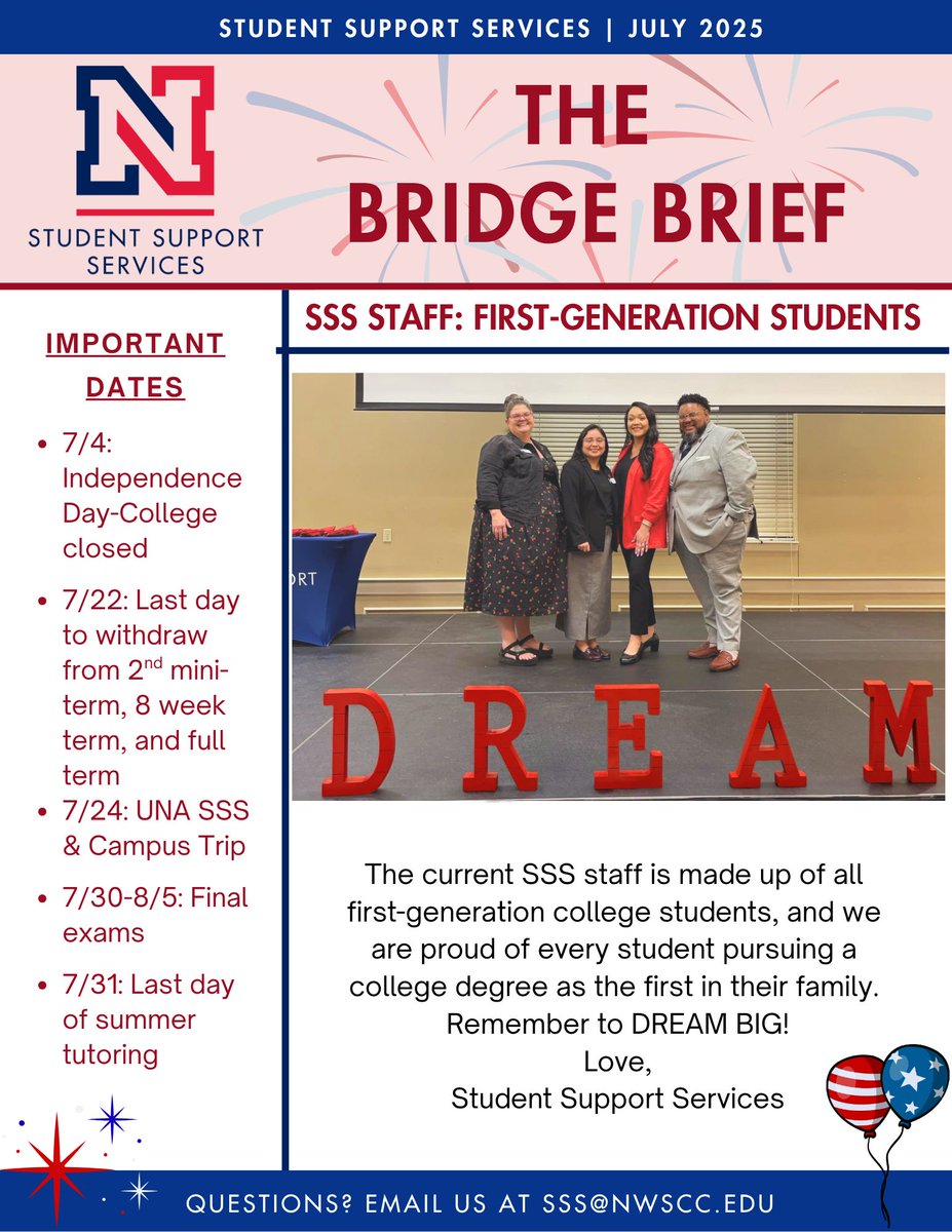 NWSCCSSS's tweet photo. 🎉 July’s Bridge Brief Newsletter is live! This month, we’re celebrating our incredible First-Gen staff who inspire and support our SSS students every day. 💪✨ Dive in and see how they’re making a difference! #NWSCC #TRIOWORKS https://t.co/0YnZna9Lpu