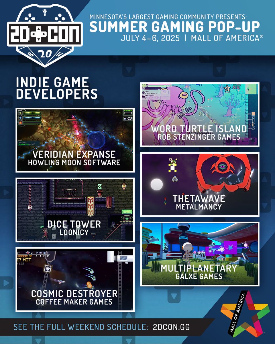 Check out the amazing indies that will be showcasing this weekend at the Mall of America Rotunda during the 2D Con Gaming Pop-Up!

Catch the developers at the indie dev Q&amp;A on Saturday afternoon at 3PM.

View the full weekend schedule at 2DCon.gg