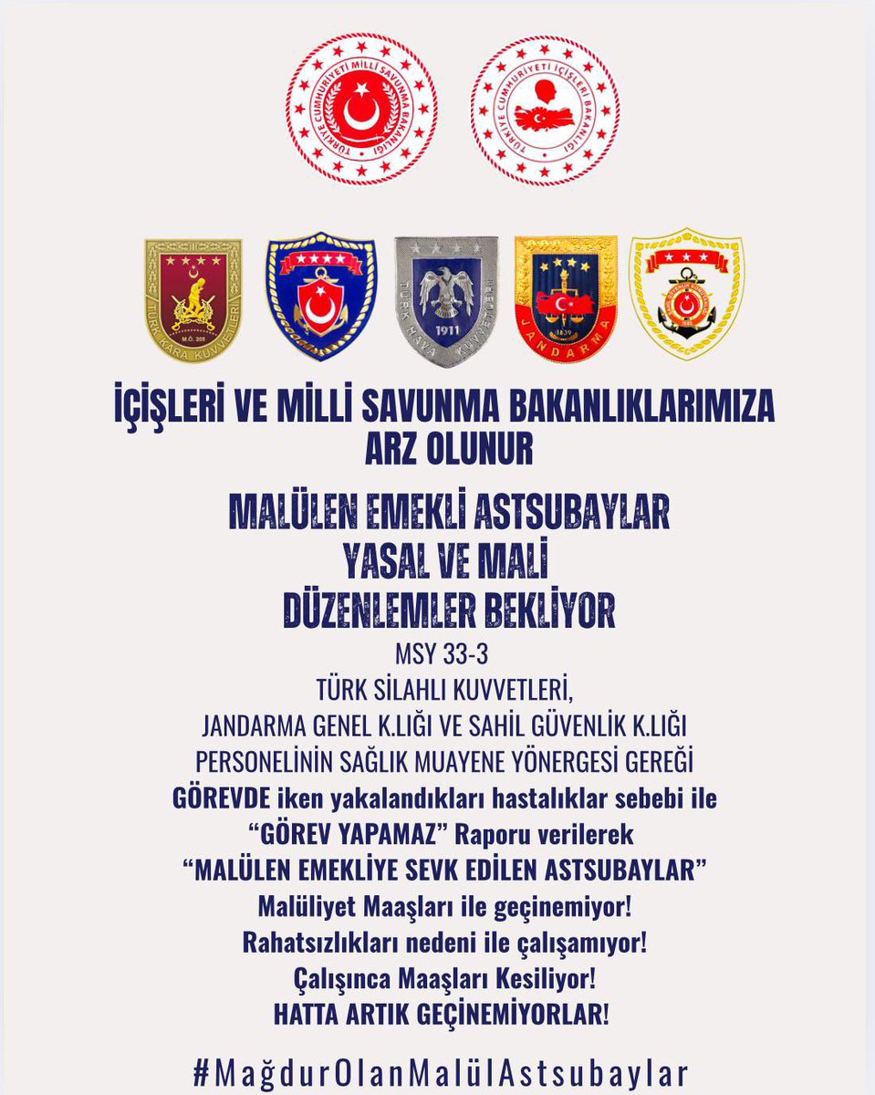 Güvenlik için bedenini ve ruhunu ortaya koyanlara, devletin borcu sadece bir maaş değil; onurlu bir yaşamdır.#AstsubaylarıDuyanYokmu
#MSB #FarkındaDeğil
<a href="/RTErdogan/">Recep Tayyip Erdoğan</a>
#Astsubaylar
<a href="/dbdevletbahceli/">Devlet Bahçeli</a>
<a href="/eczozgurozel/">Özgür Özel</a>
<a href="/CHPMuratBakan/">Murat BAKAN</a>
<a href="/DursunATAS38/">Dursun ATAŞ</a>
<a href="/celebimehmeta/">Mehmet Ali Çelebi</a>
<a href="/ZcanALIKAN/">Başkent Trafik&İş Kazaları Derneği Çankırı Bölge T</a>
<a href="/temadankara/">TEMAD Genel Başkanlığı</a>