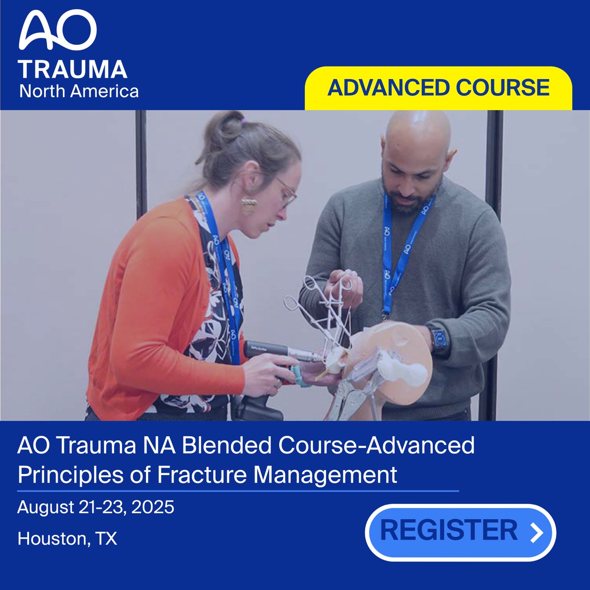AO Trauma NA Blended Course: Advanced Principles of Fracture Management

Aug 21-23, 2025 | Houston, TX
👩🏼‍⚕️Led by: Dr. Lisa Blackrick

⭐ 𝗦𝗲𝗹𝗳-𝗦𝘁𝘂𝗱𝘆: Jul 14 - Aug 8, 2025 (Deadline: Aug 8, 8 AM ET)

🔗 bit.ly/AdvTraumaHoust…