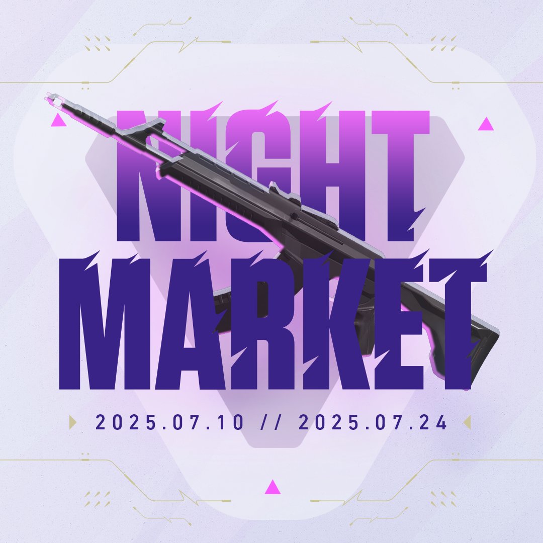 VALORANT's tweet image. deals are found at night, the Night Market returns July 10th
