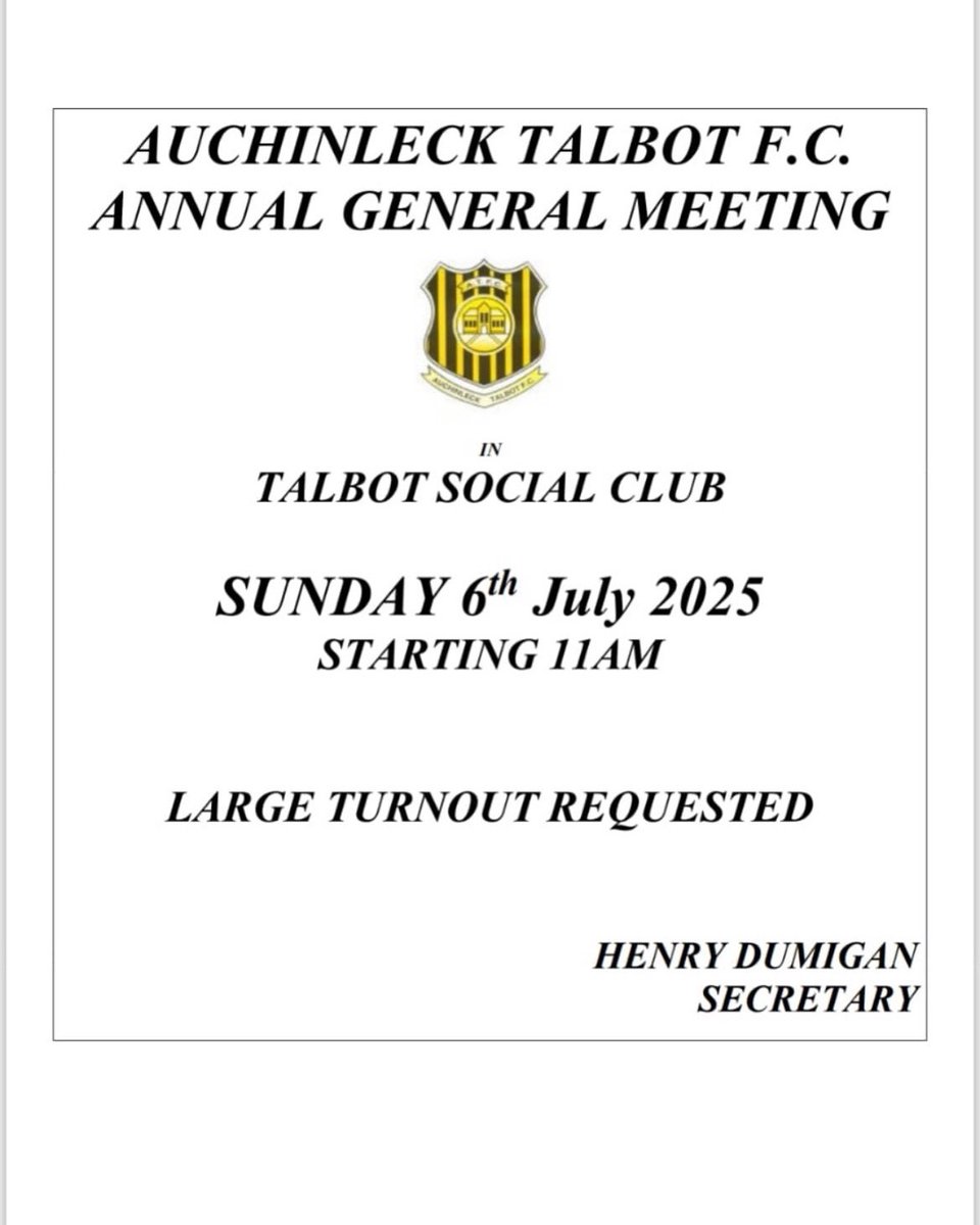 📰Auchinleck Talbot FC AGM

The clubs Annual General Meeting is this Sunday the 6th of July at the Talbot Social Club beginning at 11AM

The club request a large turnout 

#eppp