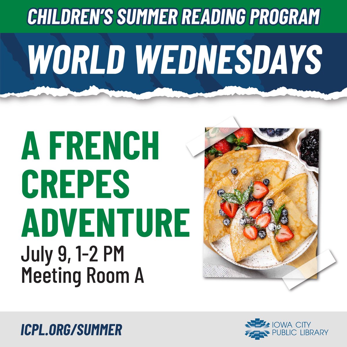 Learn about French culture with Chef Hicham Chehouani from Crêpes de Luxe Cafe on Wednesday, July 9, from 1 to 2 p.m.! Create your own crepes, choosing from a variety of delicious toppings! ow.ly/LZIM50WjQZ7