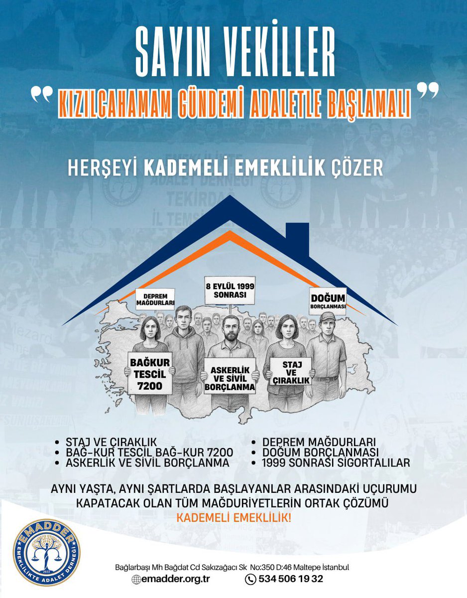 📍 Kızılcahamam Kampı’na Sesleniyoruz
Bu çağrı; bir grubun değil, milyonların adalet arayışıdır.

Sayın Bakanlar, Sayın Milletvekilleri,

EYT düzenlemesi yapılırken büyük bir kesim kapsam dışında bırakıldı.
✔ Aynı prim gününü dolduran,
✔ Aynı yaş grubunda olan,
✔ Hatta daha