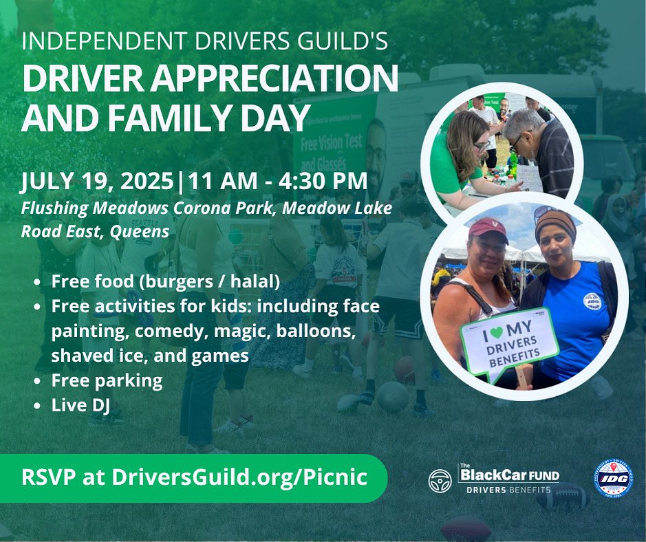 Join us on Saturday, July 19th for the IDG Driver Appreciation &amp; Family Day at Flushing Meadows Corona Park! It'll be a day of fun, food, and much more. Drivers Benefits will be there to celebrate the drivers who keep the City moving. 

📍 Queens | 🕚 11AM–4:30PM | 🎟️ FREE