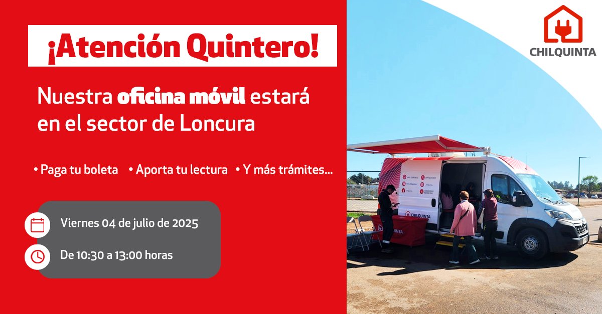 📣  ¡Atención #Quintero! Este 04 de julio llega nuestra oficina móvil 🚗

📍Calle Yungay al costado de la multicancha, Loncura
⏰ De 10:30 a 13:00 hrs.

Paga tu boleta, aporta lectura y realiza tus trámites con facilidad 💡 ¡Te esperamos!